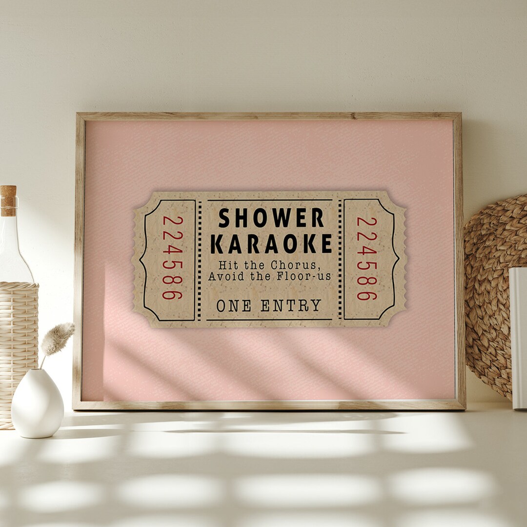 Shower Karaoke Ticket Print Bathroom Funny Wall Art Peach Cream Pink ...