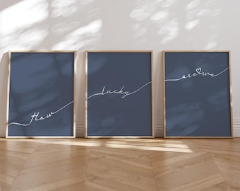Navy wall art set of 3 prints How lucky are we wall art print Bathroom Print set above the bed Trendy Aesthetic Teenage girly Room Decor
