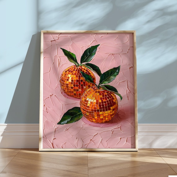 Pink and Orange Wall Art | Kitchen Dining Room decor | Disco Ball Oranges | Trendy Maximalist Modern Oil Painting |