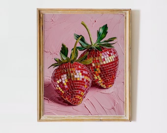 Strawberry Disco Oil Painting Print – Pink Red Gold, Dopamine Decor UNFRAMED poster