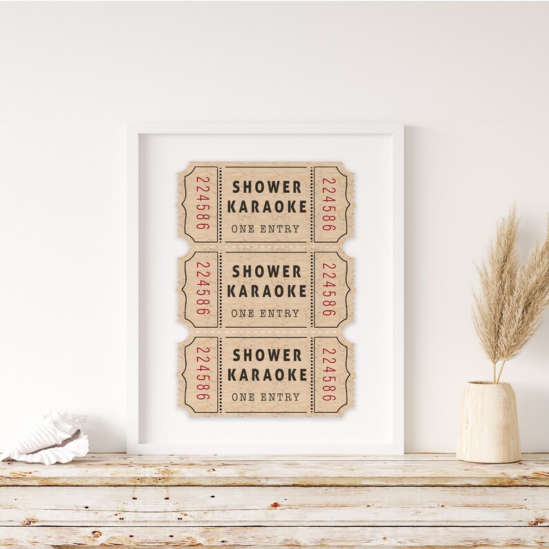 May include: Three brown paper tickets with the text "Shower Karaoke" and "One Entry" printed on them. The tickets are numbered 224586.