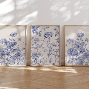 light Blue and beige Botanical Chinoiserie Set of 3 Wall Art Piece, Decor Minimalist, Botanical Print, wildflowers Printable Digital vintage