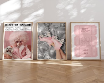 trendy dopamine decor Wall Art Set of 3 prints, disco ball print, how lucky are we, better late than ugly posters, dopamine Aesthetic room
