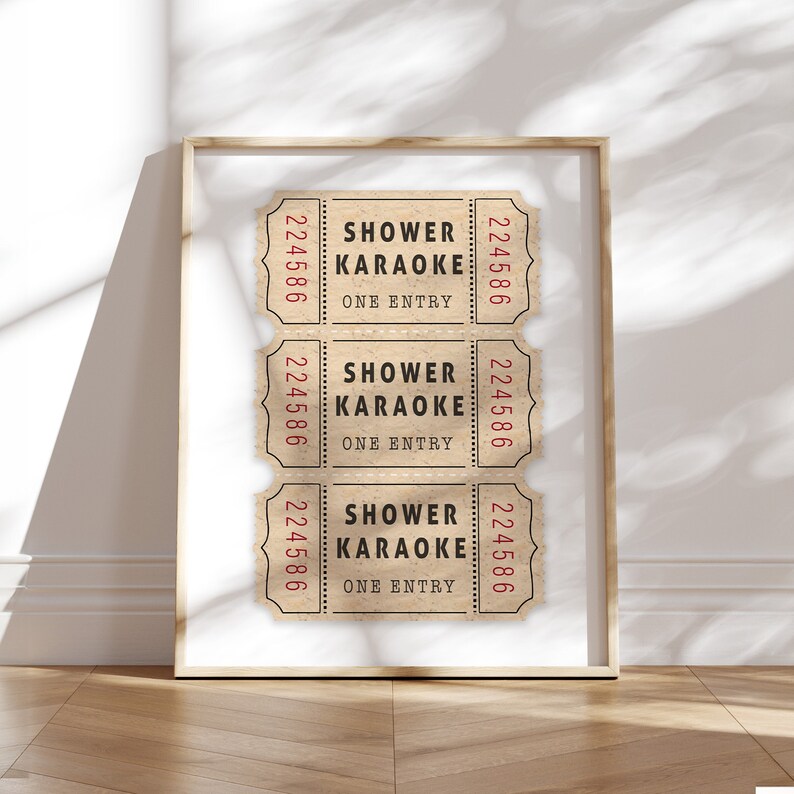 May include: Three brown paper tickets with the text "Shower Karaoke" and the number "224586" printed on them. Each ticket has the words "One Entry" printed below the text.