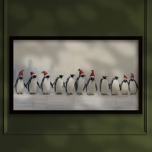 Christmas Penguins Frame TV Art, Festive Santa Hats and Scarfs, Whimsical Holiday Decor, Vintage Kitsch cute animal wall art