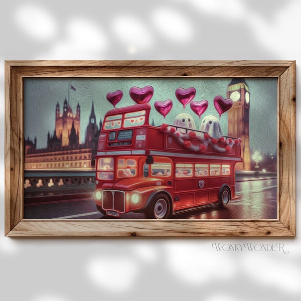 Cadre TV art Saint-Valentin Fantômes dans le bus de Londres, Joli couple coeur ballons TV art vintage peinture, Anniversaire de voyage romantique Big Ben