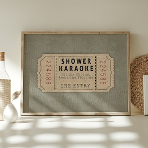 green Shower Karaoke Ticket Print for Bathroom Funny Wall Art boho neutral Aesthetic for Shower Singing Trendy denim Decor Digital poster