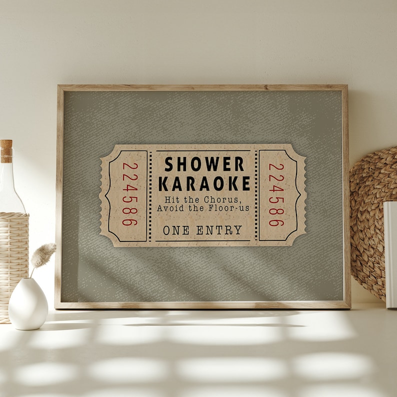 Shower Karaoke Ticket Print for Bathroom Funny Wall Art boho green neutral Aesthetic for Shower Singing Vintage Trendy Decor Digital poster