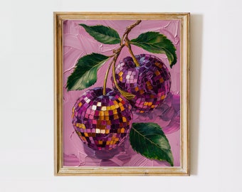 Plums Disco Ball wall Art – Retro Kitchen Wall Decor, UNFRAMED poster, vintage oil painting style