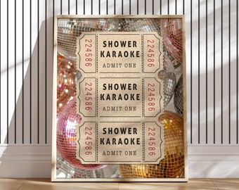 Shower Karaoke Ticket Print, Retro Bathroom Art Trendy maximalist Decor UNFRAMED poster ticket stub