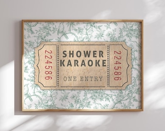 vintage lime cream green Shower Karaoke Ticket Print Bathroom decor Wall Art Aesthetic floral birds Chinoiserie Trendy wall art poster