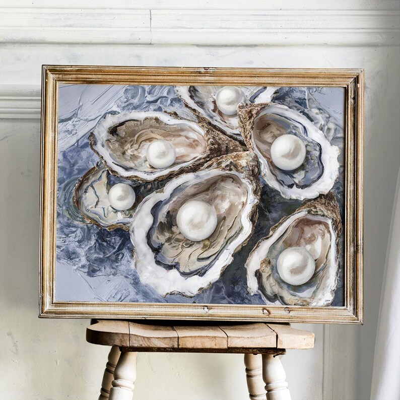 Coastal Print Set of 4 Coastal Decor Oyster Shells Beach Dorm Room ...