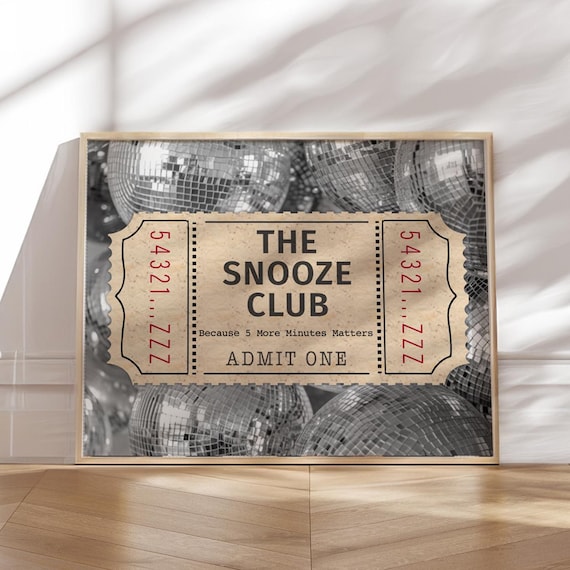 disco ball wall art - above bed decor the snooze club print girly wall art, Retro ticket stub Art horizontal, college girl gifts