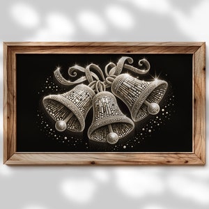 Christmas frame TV art Elegant Chic Diamond Crystal Gemstone Christmas Holiday Bells in gold, Silver and Black Background Design