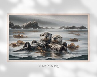 Otters Holding Hands Frame TV Art, Vintage Painting (Digital Download)