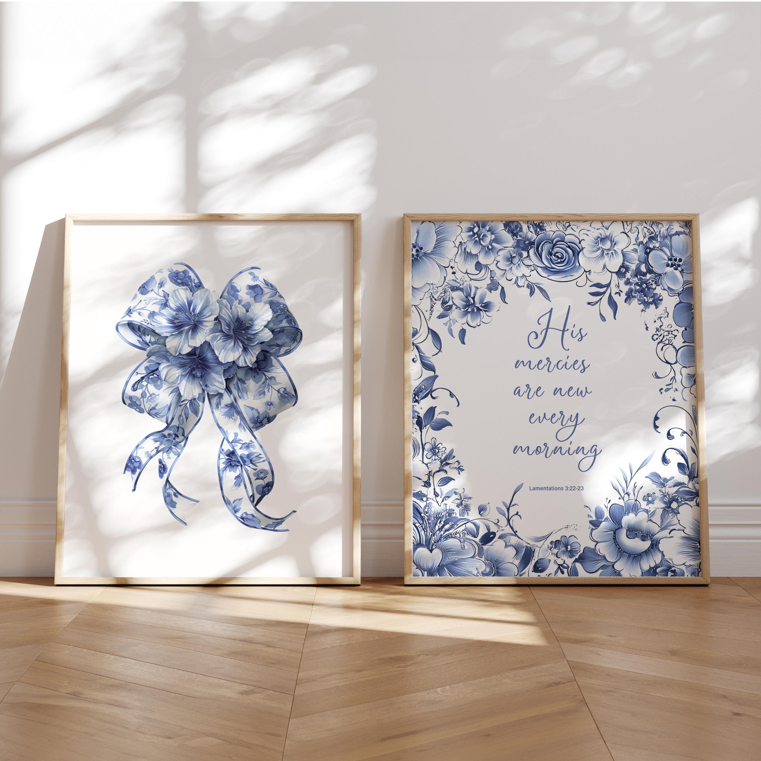 Delft blue willow costal Botanical Chinoiserie Set of 2 Wall Art Print christian Decor coquette bow bible verse floral granddoughter room