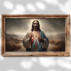 神の慈悲のイメージ絵画 Samsung Frame TV用フレームTVアート - イエス・イェシュア、落ち着いた色の宗教的なLDSの壁アート