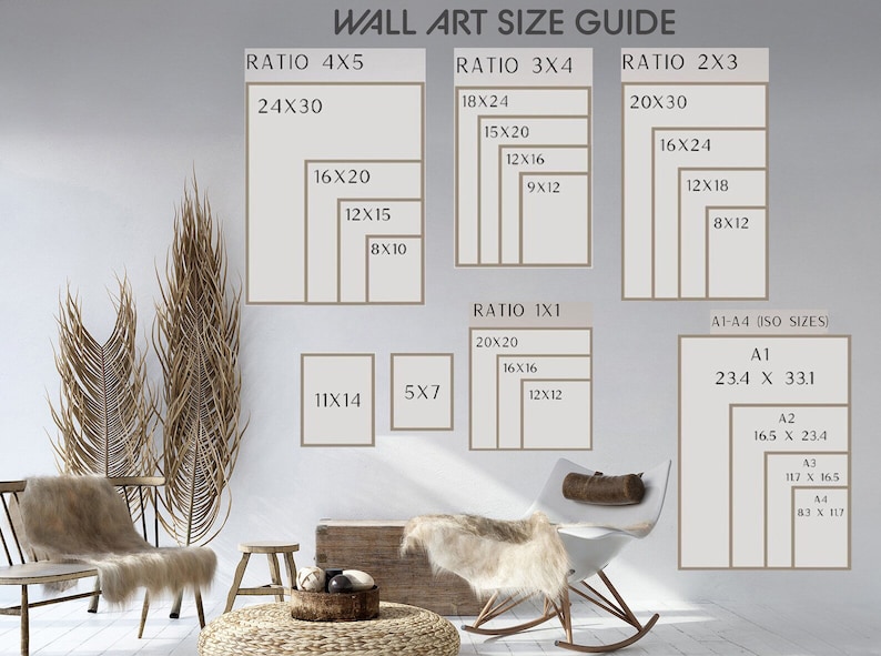 May include: A wall art size guide showing various ratios and sizes for prints. The guide features ratios such as 4x5, 3x4, 2x3, and 1x1. It also includes standard ISO sizes like A1, A2, A3, and A4. The guide is displayed on a white wall with a beige sofa and a coffee table in the foreground.