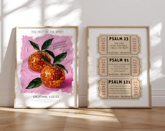 fruit of the spirit digital print Set of 2 christian Wall Art bundle printable posters Psalm tickets disco ball oranges pink kitchen decor