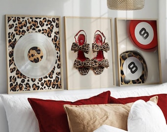 set of 3 red leopard wall art digital posters prints tiger lucky 8 balls cheetah stiletto heels designer shoes vinyl records, above the bed