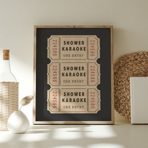 Shower Karaoke Ticket Print Bathroom Funny Wall Art dark Grey not black white Aesthetic Shower Singing Vintage Trendy Decor Digital Download
