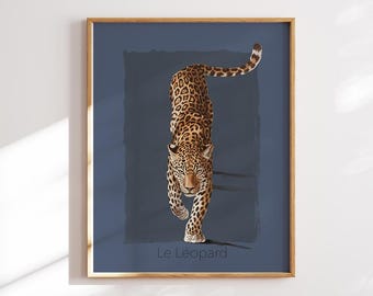 Póster de animal con estampado de leopardo azul marino/acuarelas, arte de pared moderno sin marco