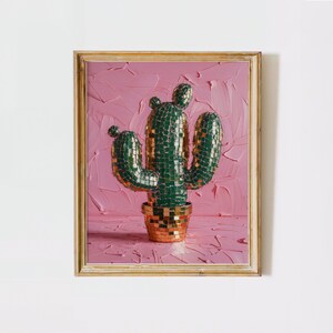 Disco ball Pink gold green cactus original wall art painting Printable Western Digital Poster, Trendy preppy Coquette Summer, Mexican Pink