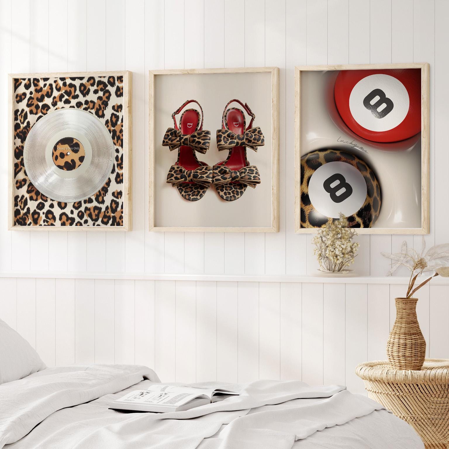 長靴下のピッピ　キャンバスアートパネル　3点セット Set of 3 Red Leopard Wall Art Digital Posters Prints Tiger