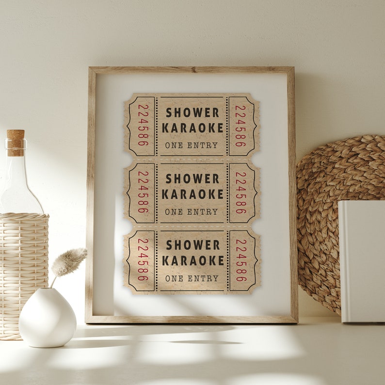May include: Three brown paper tickets with the text "Shower Karaoke" and "One Entry" printed on them. The tickets have the number "224586" printed on each side.