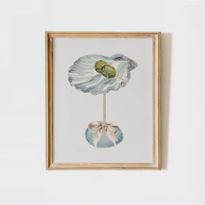 Strandbar Warenkorb Kunst Download Seashell Martini druckbare Wandkunst, Cocktailglas Shell Oliven Bogen Strand Themen Trendy Küsten Dekor, Sommer