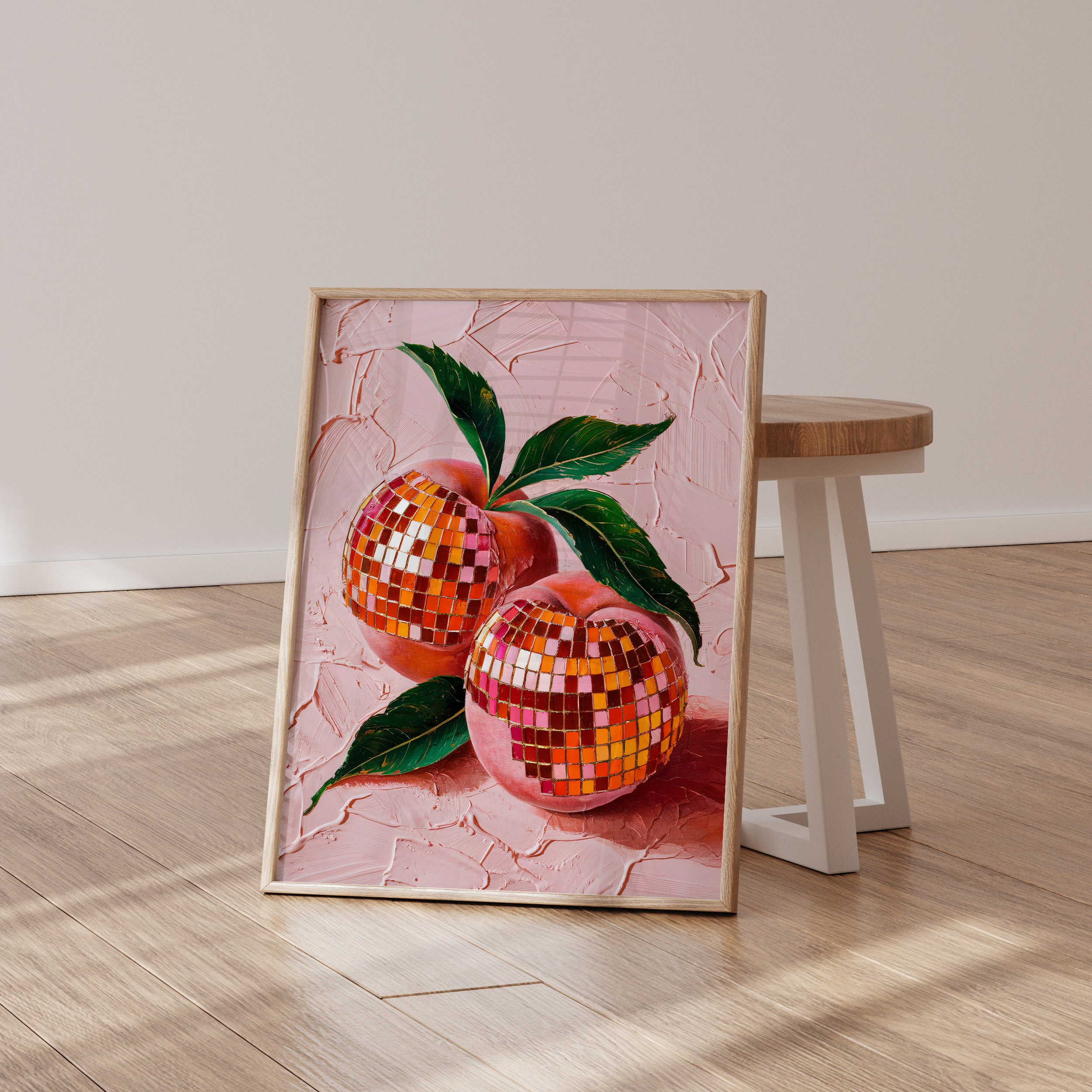 Peach Disco Ball Print: Retro Fruit Impasto Art UNFRAMED Unique