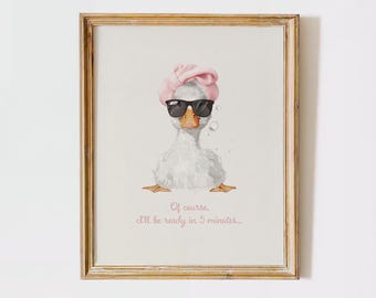 cute duck in pink towel bathroom Wall Art Print I&#39;ll be ready in 5 minutes, goose cool art print retro print vintage funky trendy cream pink