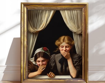 Bathroom wall art funny two Women Laughing at Fart, Vintage prank extra large, restroom, for guest bathroom, Toilet sign poster, Humor,