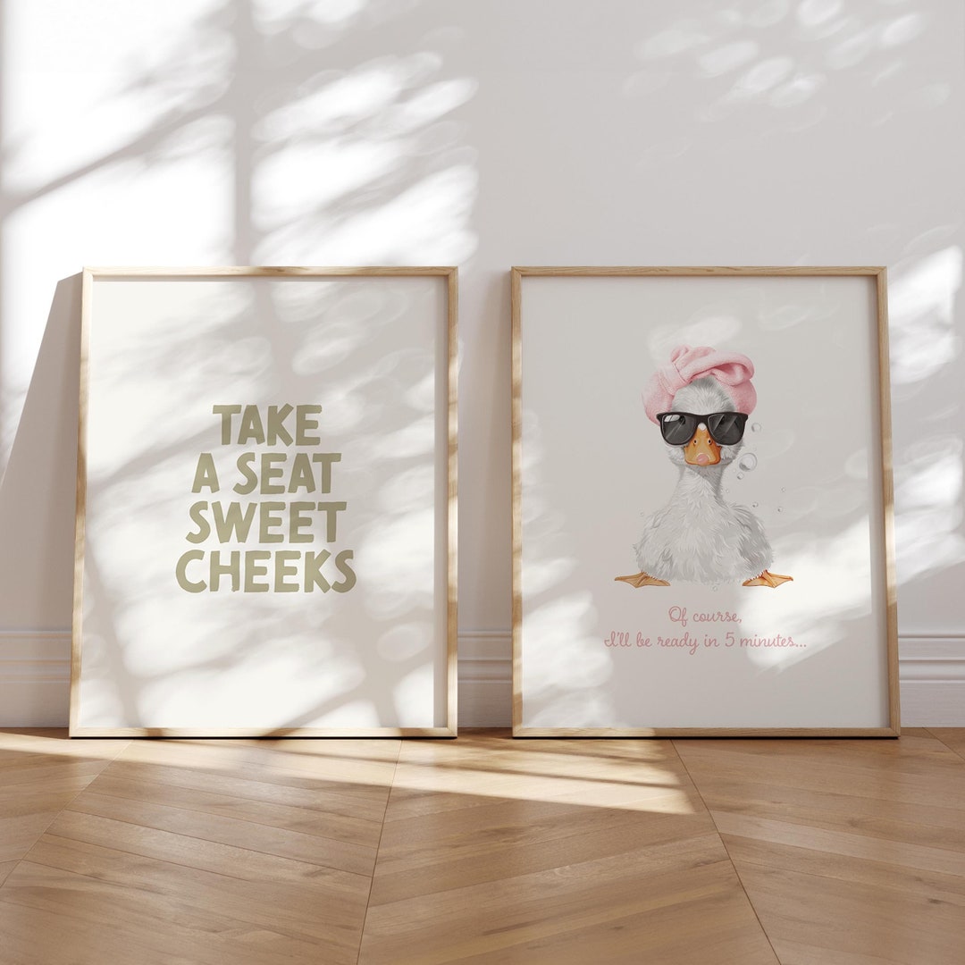 Set of 2 Cute Bathroom Wall Art Prints Duck in Pink Towel I'll Be Ready ...