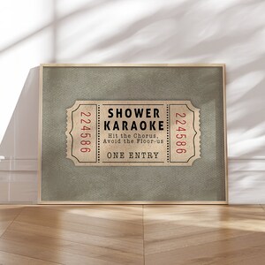 Shower Karaoke Ticket Print for Bathroom Funny Wall Art boho green neutral Aesthetic for Shower Singing Vintage Trendy Decor Digital poster