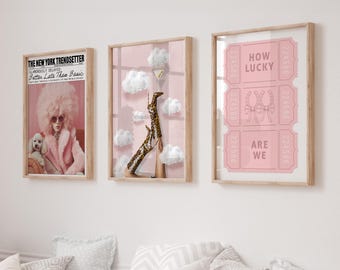 dopamine decor Wall Art Set of 3 prints, maximalist poster, how lucky are we ticket prints, better late than ugly posters, trendy teen room