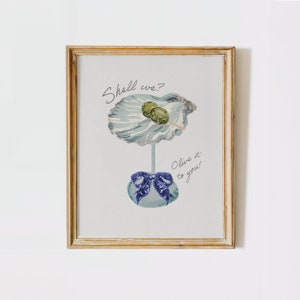 Navy blue coquette bow oyster Seashell Martini Print Bar Cart wall Art, Shell we? olive it at you! funny trendy preppy Cocktail Beach decor