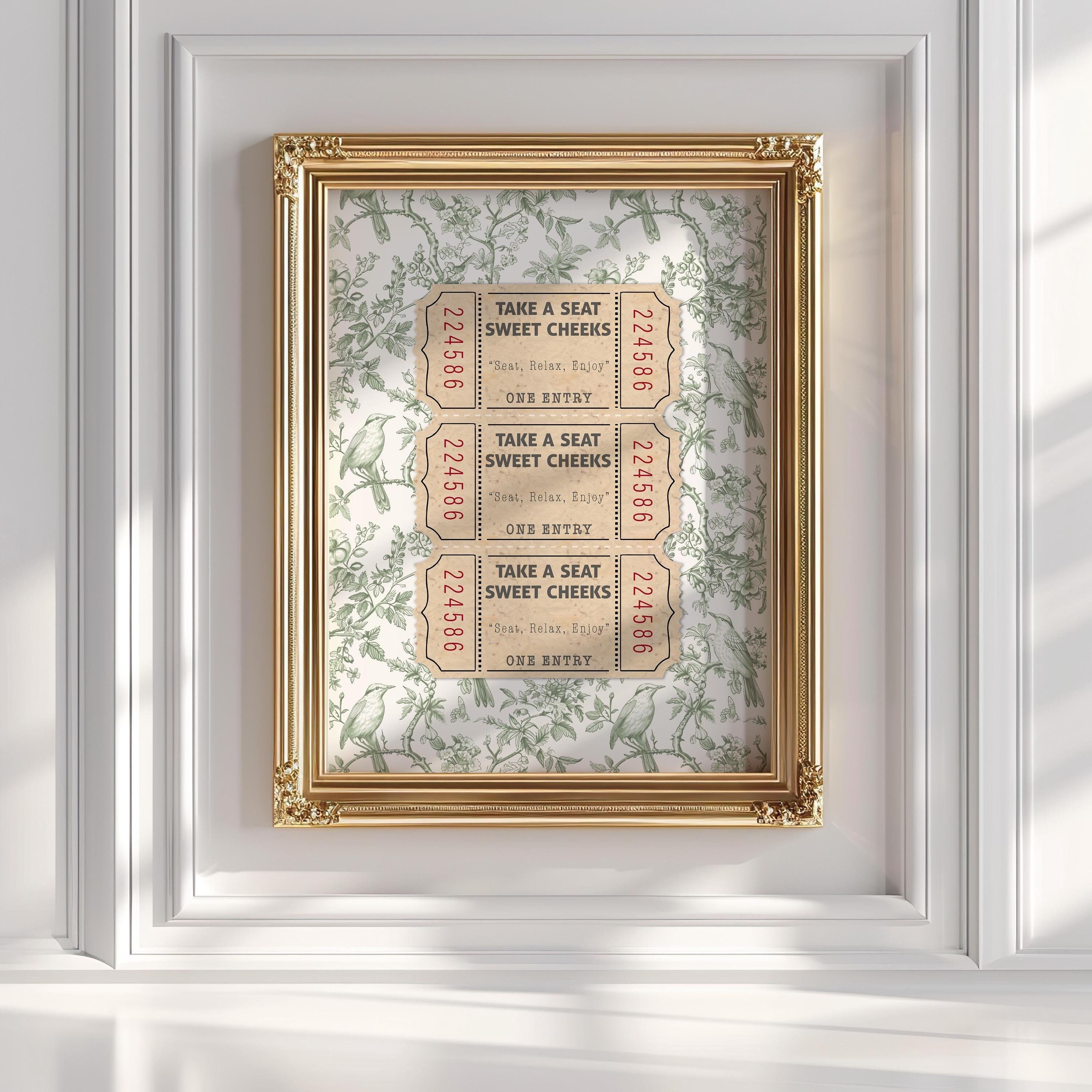 take a seat sweet cheeks Ticket Print Bathroom Funny Wall Art Retro boho Cream Aesthetic Shower Singing Vintage Trendy lime cream green