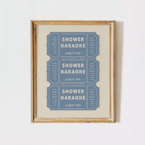boho blue and cream Shower Karaoke Print Tickets Funny Bathroom Wall Art Retro 70s poster Aesthetic Shower Vintage Trendy preppy Home Decor
