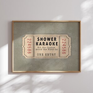 Shower Karaoke Ticket Print for Bathroom Funny Wall Art boho green neutral Aesthetic for Shower Singing Vintage Trendy Decor Digital poster