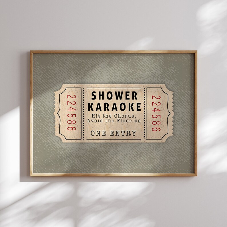 Shower Karaoke Ticket Print for Bathroom Funny Wall Art boho green neutral Aesthetic for Shower Singing Vintage Trendy Decor Digital poster