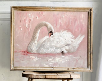Blush Pink Swan Painting print, Vintage Coquette Wall Art (UNFRAMED) nursery decor