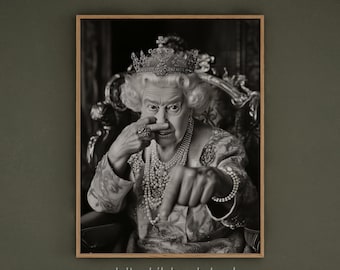 Funny Bathroom Wall Art Decor toilet sign Vintage queen Portrait Gift for Friend funny Midcentury queen Poster Print middle finger Humor