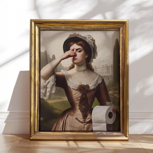 Arte de pared de baño apestoso imprimible de mediados de siglo Dama humorística con rollo de papel higiénico Impresión de arte de pared, divertido cartel de pintura vintage