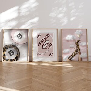 set van 3 roze blush muurkunst 8 lucky me luipaard bal posters love you more uno kaart print vintage luipaard laarzen print martini trendy y2k
