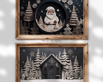 Christmas Paper Cut Frame TV Art Set – Santa & House (Digital Download)