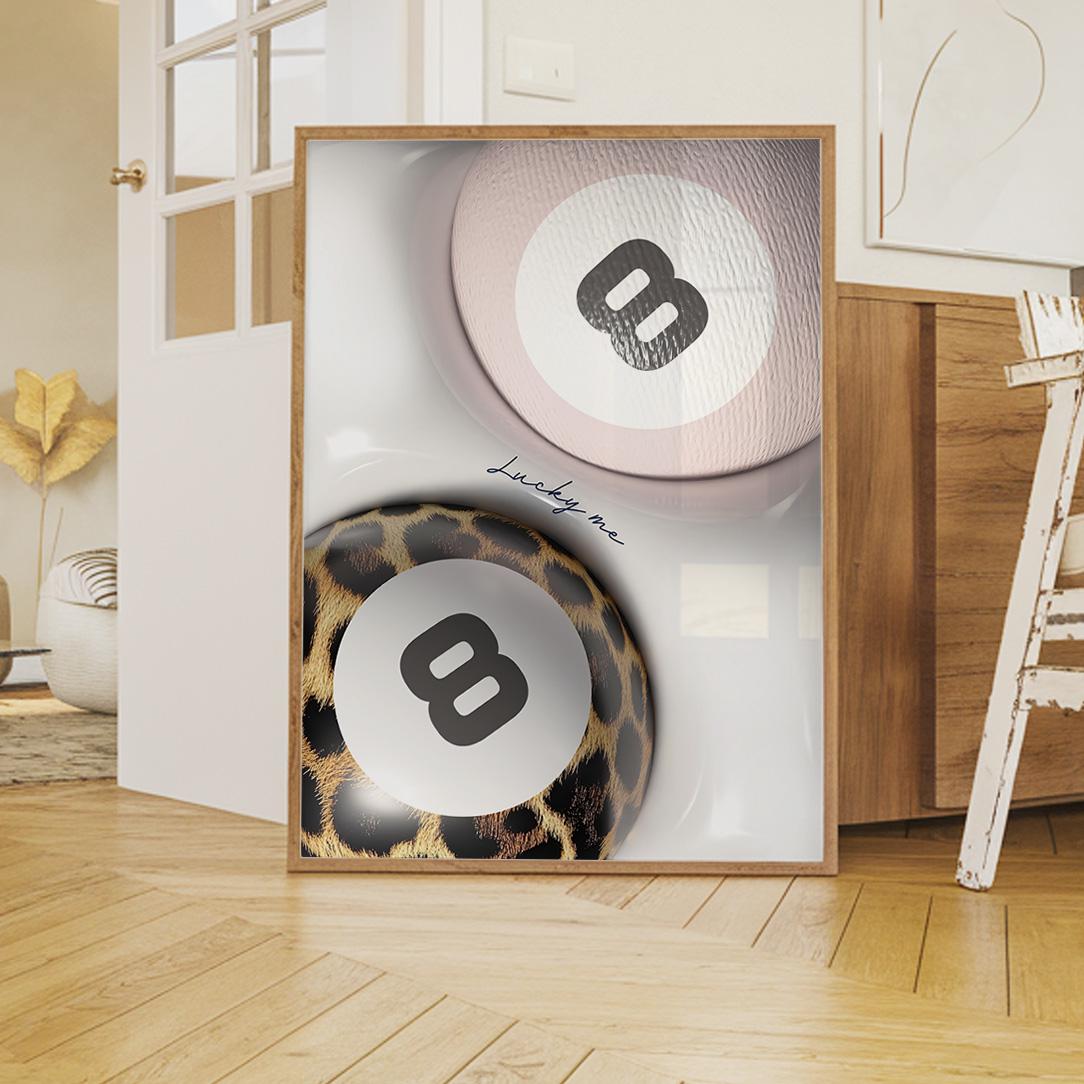 8ボール ヒョウ柄 ラッキーミー ピンク ウォールアート プールボール