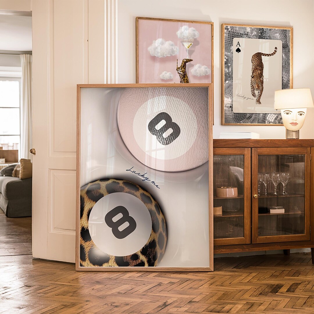 8ボール ヒョウ柄 ラッキーミー ピンク ウォールアート プールボール