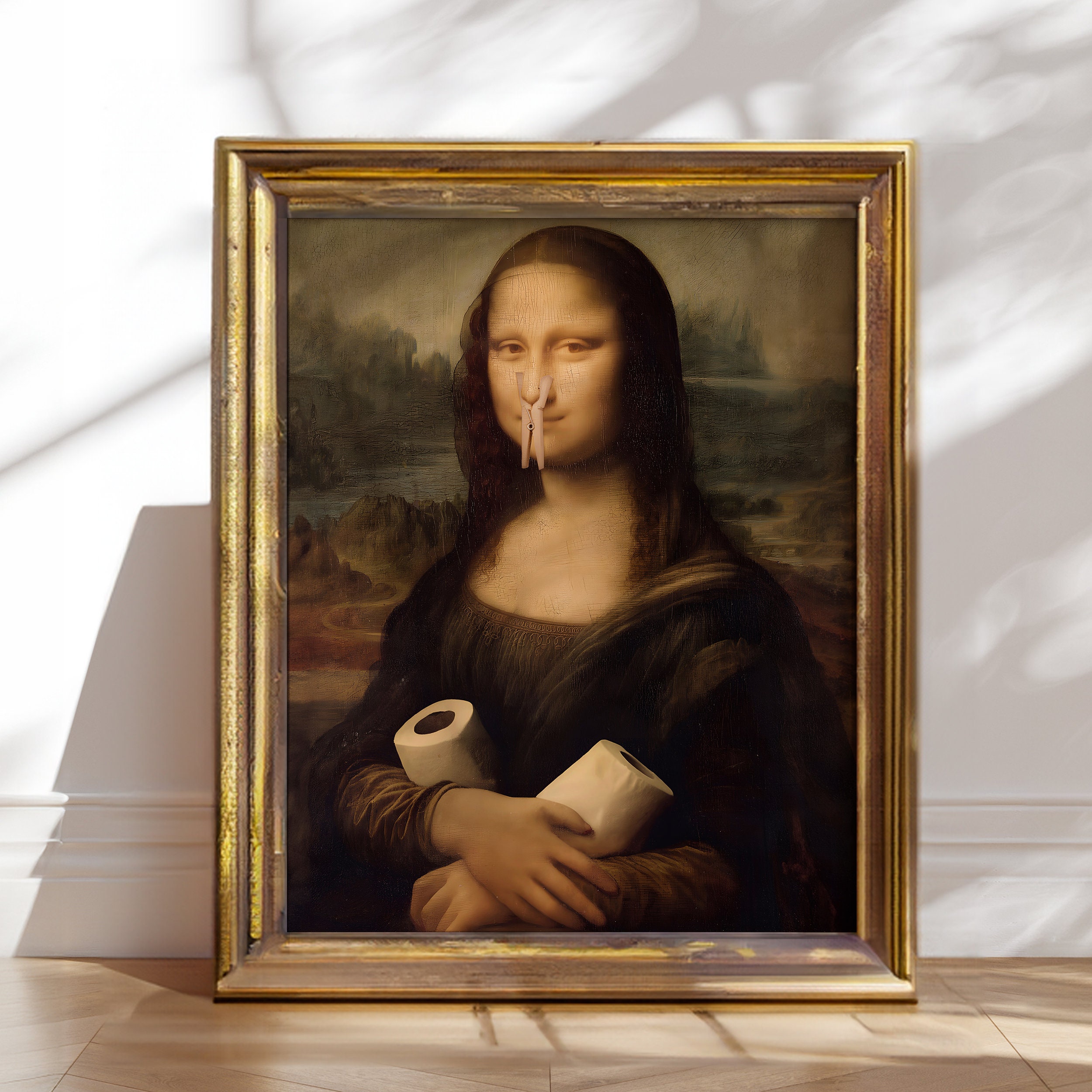 PRINTABLE funny wall art Mona Lisa portrait  toilet paper and peg clothespin on her nose, dopamine decor, unique vintage painting poster,