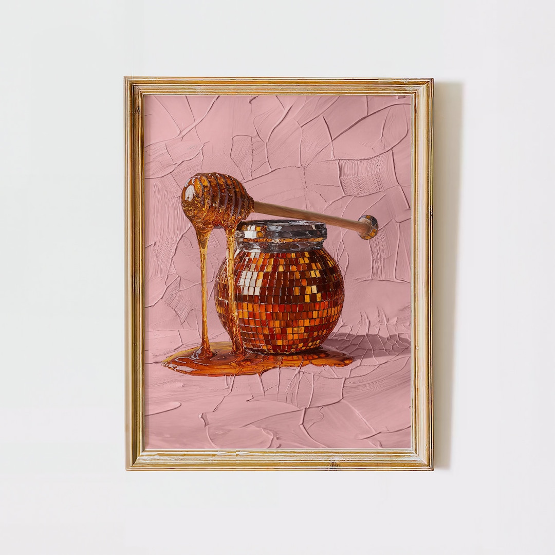 kitchen wall art | bee art print | honey bee decor |... Pink Gold Kitchen Wall Art, Vintage Honey Bee Print, Farmhouse Kitchen ...